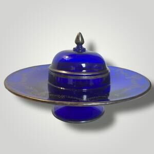 Vintage Cobalt blue and gold serving platter with compote EUC